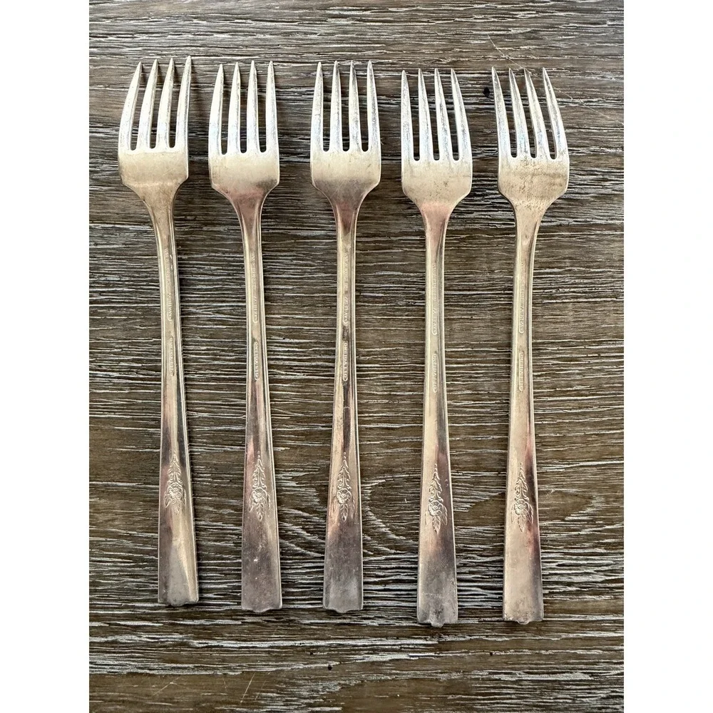 Vintage Wm A Rogers Oneida Ltd VALLEY ROSE Silverplate Dinner Forks Set Of 5